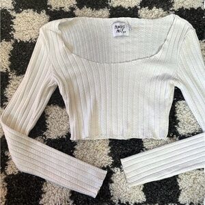 Princess Polly Cream Ribbed Square-Neck Long Sleeve Crop Top